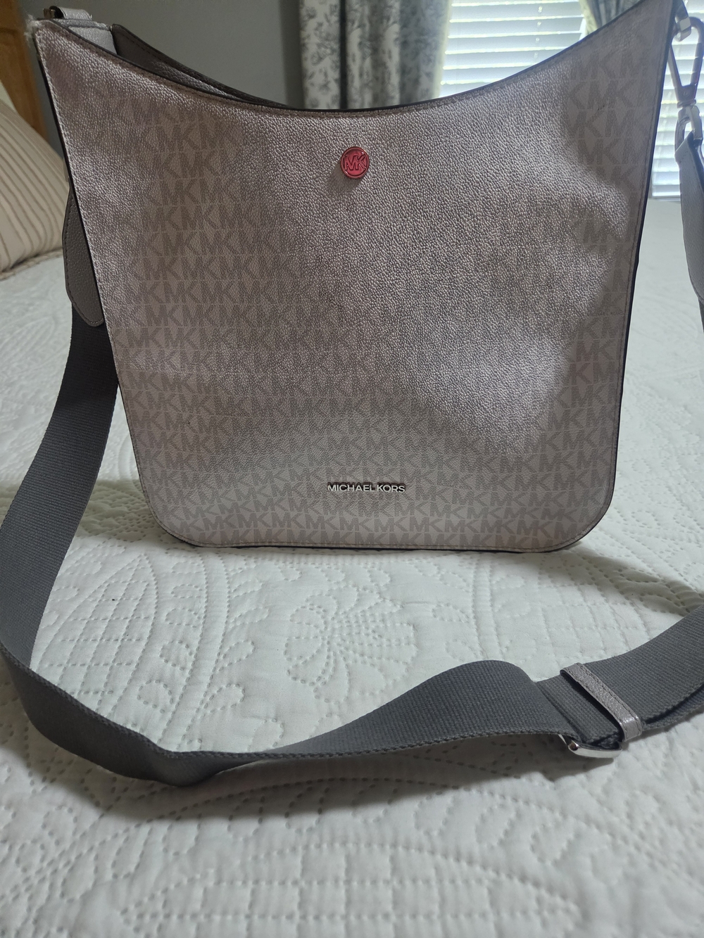 Michael Kors Metallic Taupe Logo Messenger Bag with Gray Strap